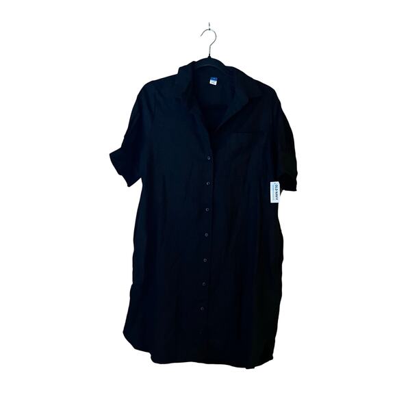 New Old Navy Poplin Shirt Dress Linen Button Front Black Collared Medium NWT - Picture 1 of 6